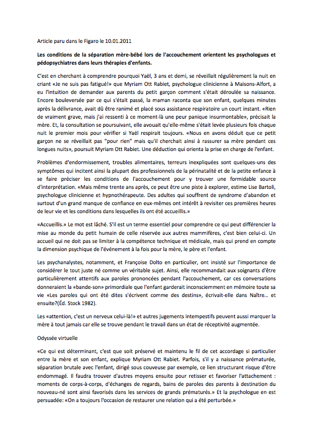 Les conditions de la séparation mère-bébé lors de l'accouchement orientent les psychologues et pédopsychiatres dans leurs thérapies d'enfants 1